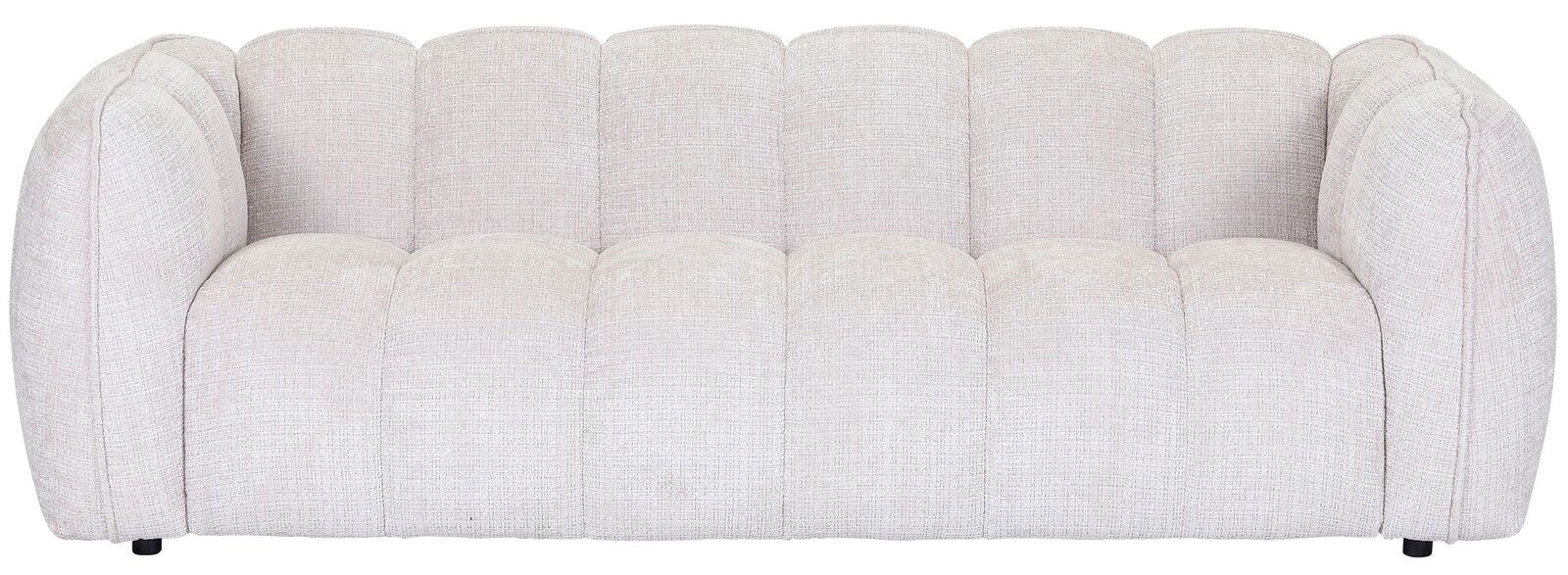 Frontale Ansicht eines großen, beigen Sofas mit abgerundeten Kanten und gepolsterten Sitzflächen.