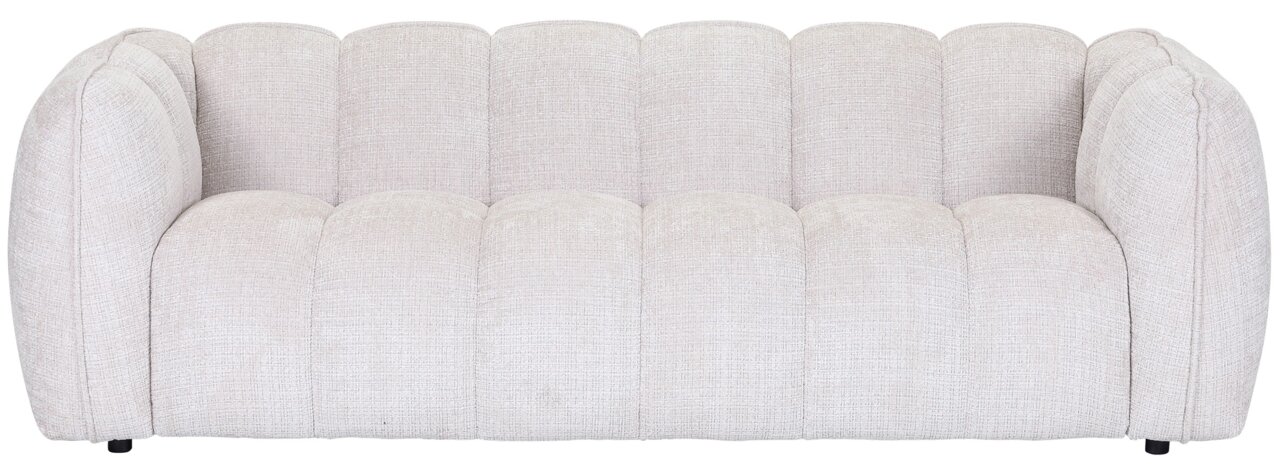 Frontale Ansicht eines großen, beigen Sofas mit abgerundeten Kanten und gepolsterten Sitzflächen.