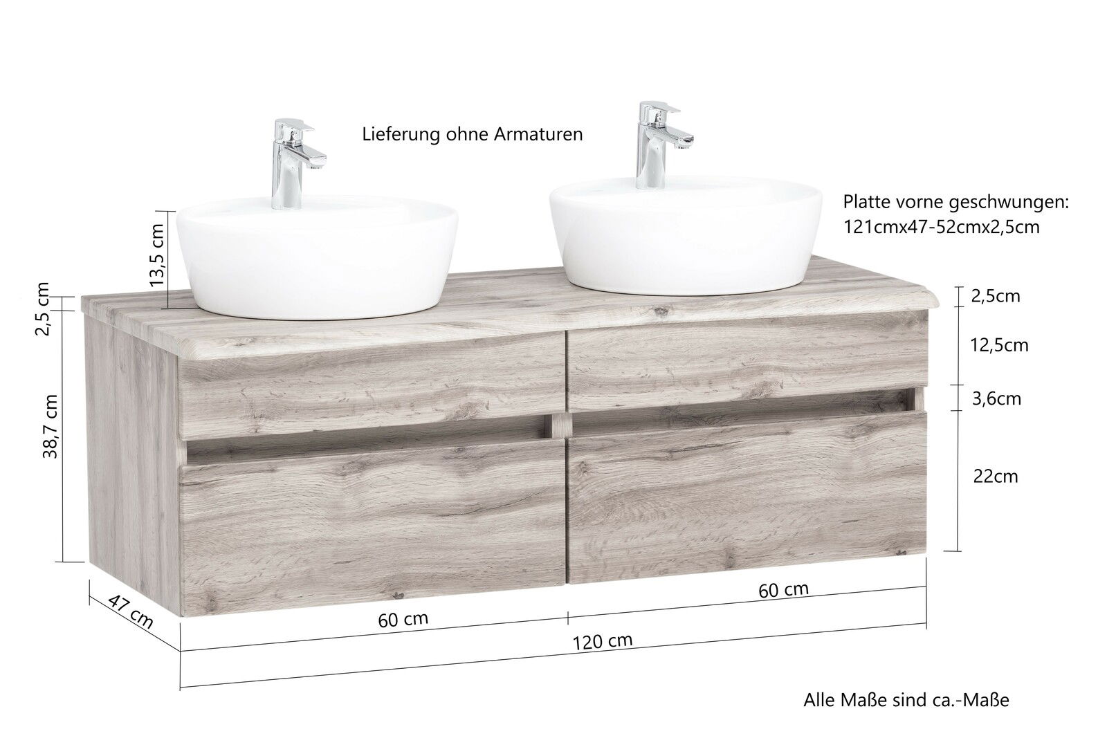 Frontale Ansicht eines Waschtisch-Sets mit zwei weißen Aufsatzwaschbecken auf einer Holzplatte, Lieferung ohne Armaturen.