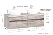 Frontale Ansicht eines Waschtisch-Sets mit zwei weißen Aufsatzwaschbecken auf einer Holzplatte, Lieferung ohne Armaturen.