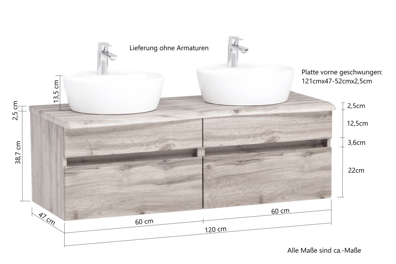 Frontale Ansicht eines Waschtisch-Sets mit zwei weißen Aufsatzwaschbecken auf einer Holzplatte, Lieferung ohne Armaturen.