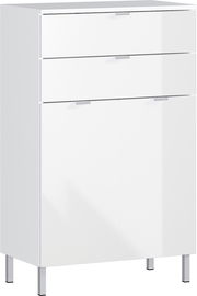 Weiße Kommode mit drei Schubladen und zwei Türen, frontal fotografiert