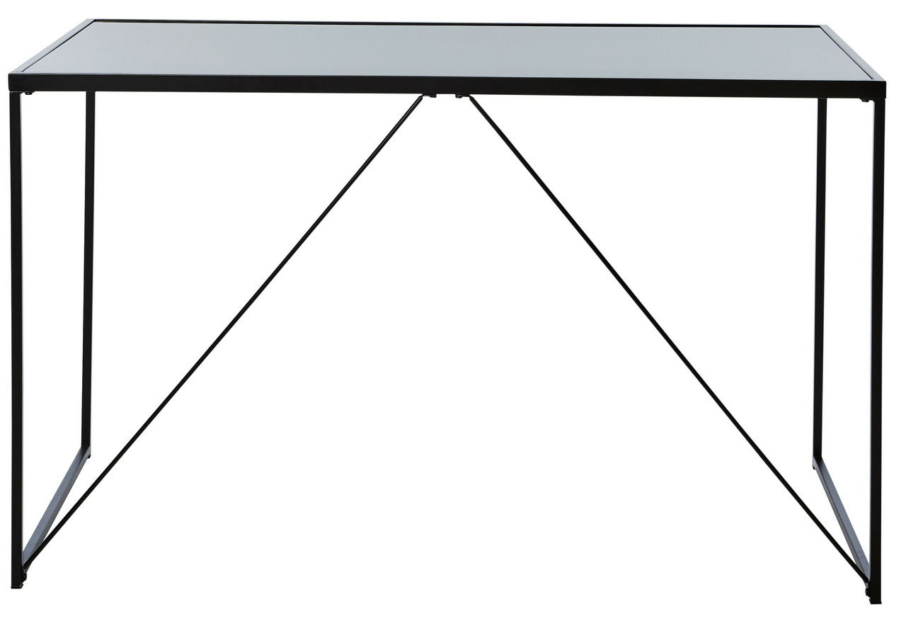 Moderner Schreibtisch mit Glasplatte und schlankem Metallrahmen, frontal betrachtet.