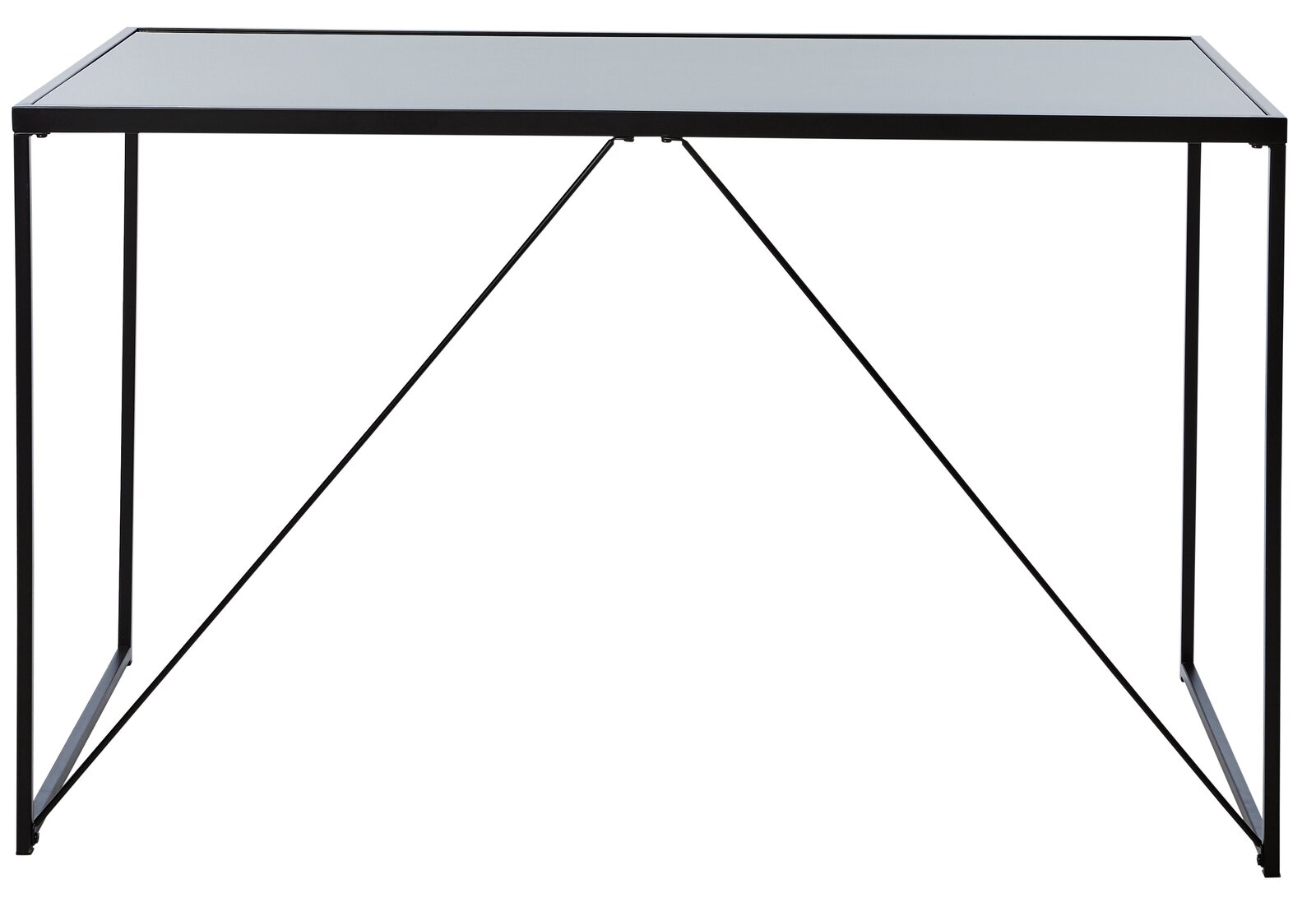 Moderner Schreibtisch mit Glasplatte und schlankem Metallrahmen, frontal betrachtet.