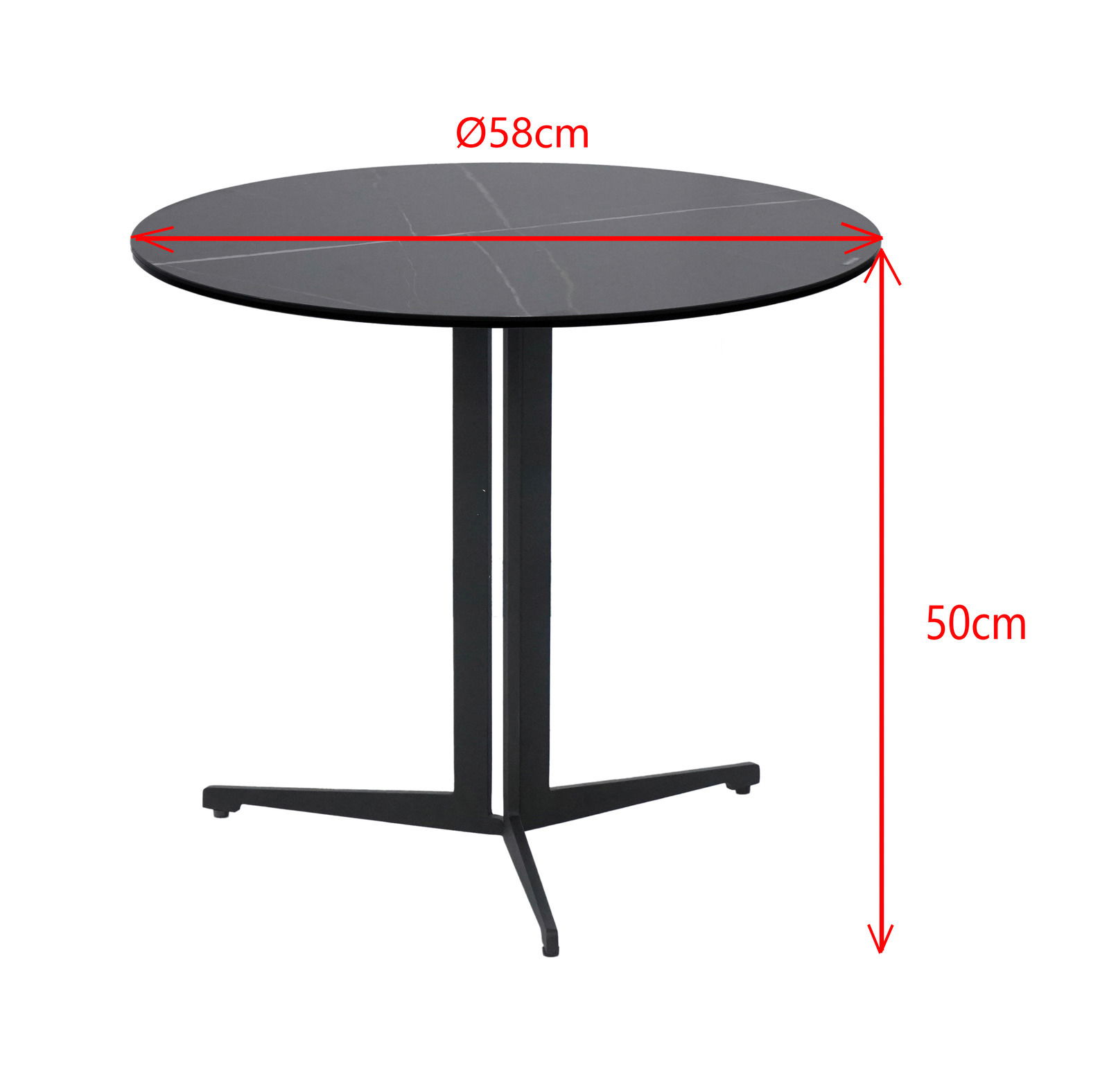 Runder Beistelltisch mit schwarzer Tischplatte und dreibeinigem Metallgestell, seitliche Perspektive