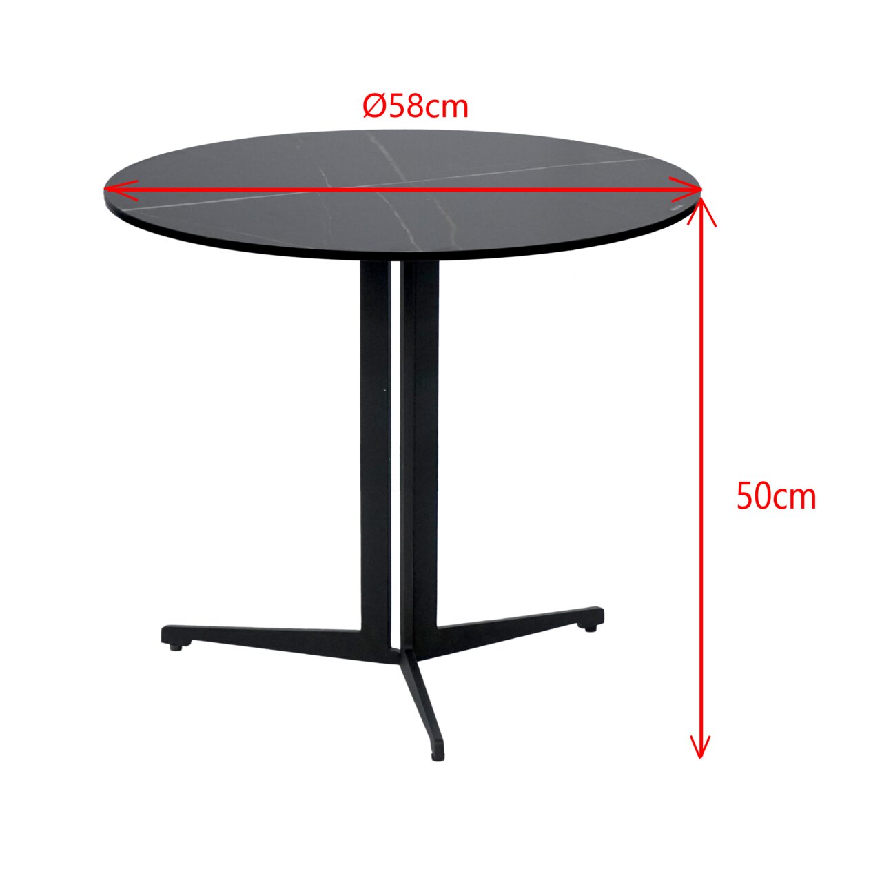 Runder Beistelltisch mit schwarzer Tischplatte und dreibeinigem Metallgestell, seitliche Perspektive