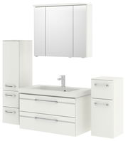 Badezimmermöbel-Set in Weiß mit Spiegelschrank, Waschbeckenunterschrank und zwei Seitenschränken, frontale Ansicht