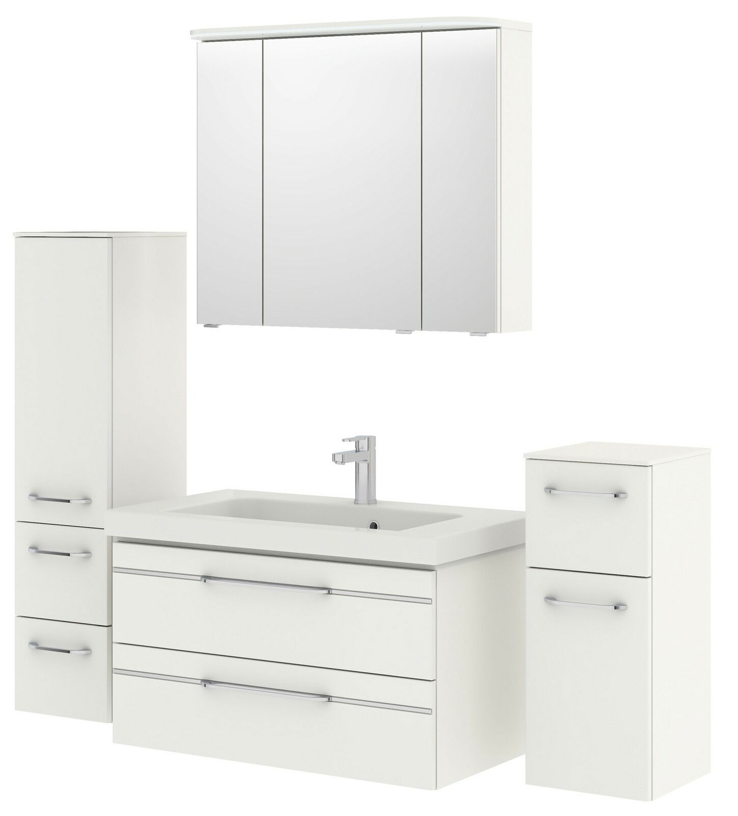 Badezimmermöbel-Set in Weiß mit Spiegelschrank, Waschbeckenunterschrank und zwei Seitenschränken, frontale Ansicht