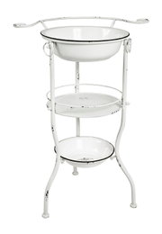 Weißer, vintage Metall-Stand mit zwei emaillierten Schalen und Ablagefläche, freigestellt in leichter Frontansicht.