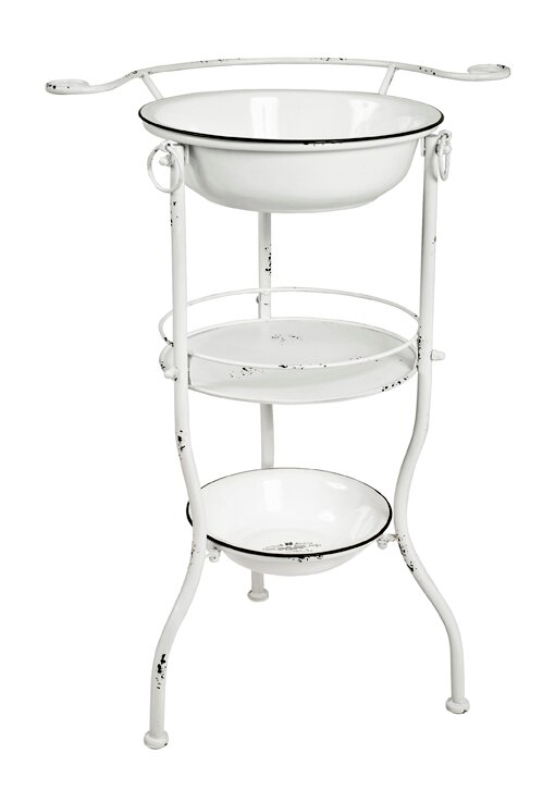Weißer, vintage Metall-Stand mit zwei emaillierten Schalen und Ablagefläche, freigestellt in leichter Frontansicht.