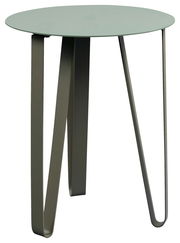 Moderner runder Beistelltisch mit grüner Tischplatte und einzigartigen, gebogenen Metallbeinen, seitliche Perspektive
