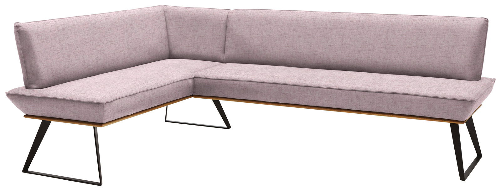 Voleo Eckbank 183x243 cm MALIBU Eckbank in L-Form mit hellgrauem Stoffbezug und schwarzen Metallbeinen, Perspektive von vorne links