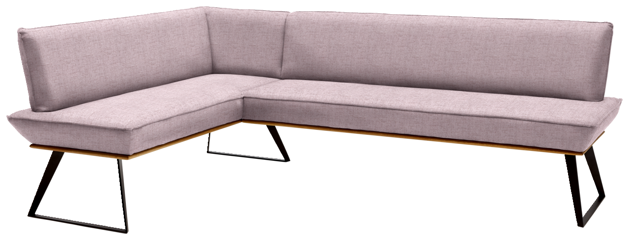 Voleo Eckbank 183x243 cm MALIBU Eckbank in L-Form mit hellgrauem Stoffbezug und schwarzen Metallbeinen, Perspektive von vorne links