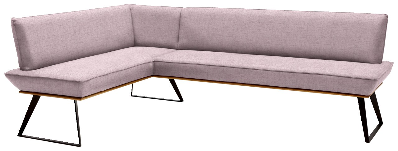 Voleo Eckbank 183x243 cm MALIBU Eckbank in L-Form mit hellgrauem Stoffbezug und schwarzen Metallbeinen, Perspektive von vorne links