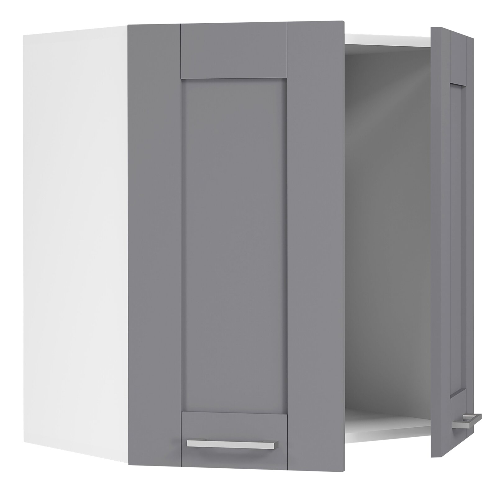 Moderner Hängeschrank in Grau mit Klapptür und Metallgriff, teilweise geöffnet mit sichtbarem Innenraum, Ansicht schräg von vorn rechts