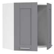 Moderner Hängeschrank in Grau mit Klapptür und Metallgriff, teilweise geöffnet mit sichtbarem Innenraum, Ansicht schräg von vorn rechts