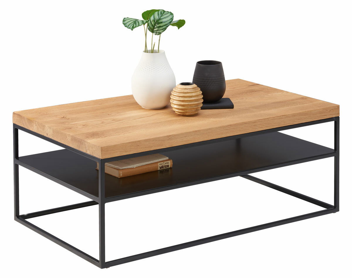 Moderner Couchtisch mit Holzplatte und schwarzem Metallgestell, seitliche Perspektive