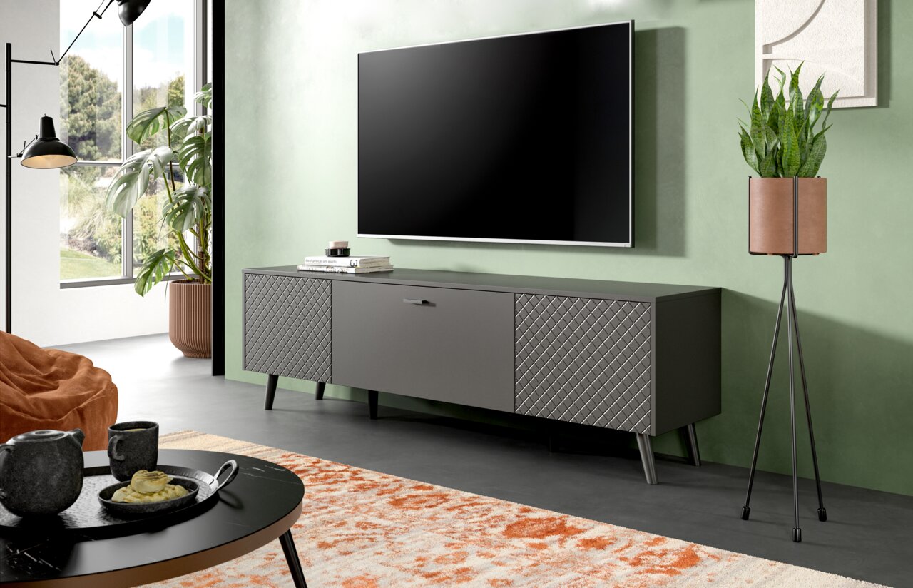 Modernes Lowboard in einem stilvollen Wohnzimmer, seitliche Perspektive