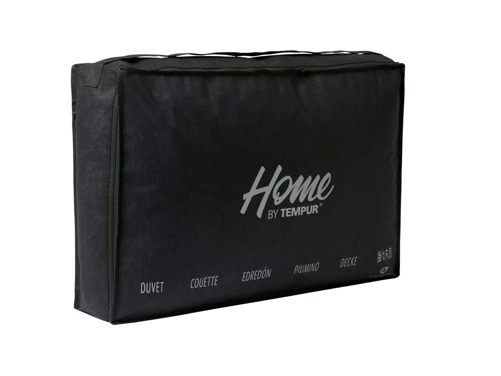 Schwarze Verpackung der Luxe Duo-Decke von Home by Tempur, seitliche Perspektive