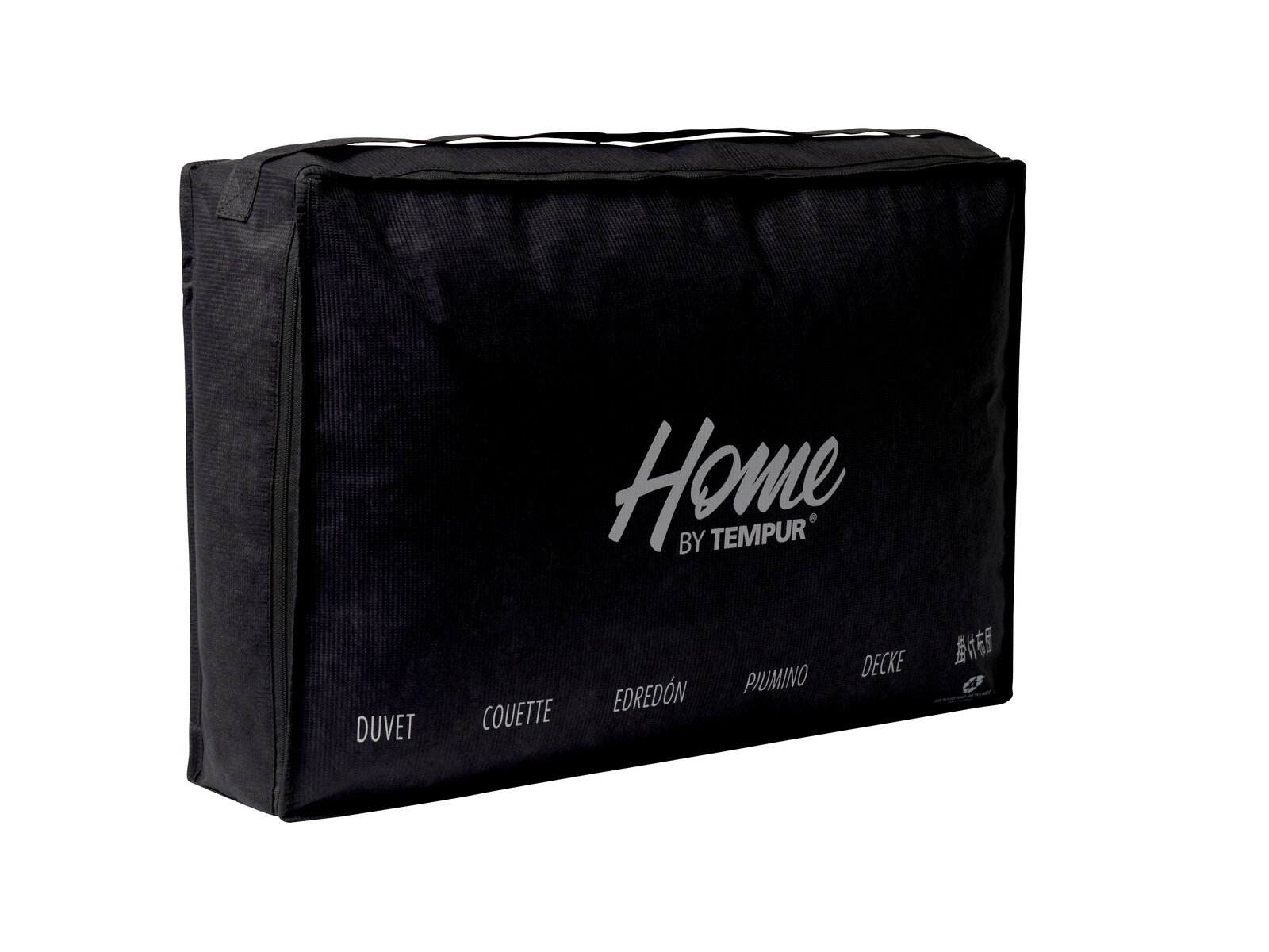 Schwarze Verpackung der Luxe Duo-Decke von Home by Tempur, seitliche Perspektive