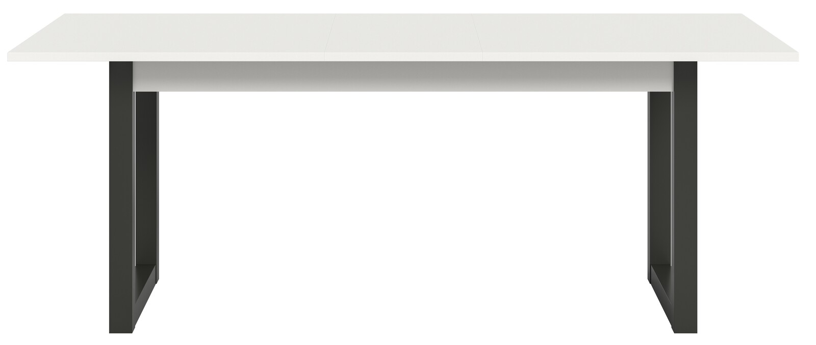 Moderner Esstisch mit weißer Tischplatte und schwarzen Metallbeinen, Frontalansicht.