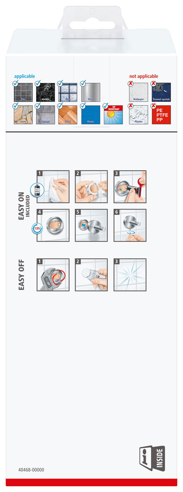 Rückseite der Verpackung des tesa Exxcellent WC-Bürstengars mit Anleitungen zur Montage und Demontage auf verschiedenen Oberflächen.