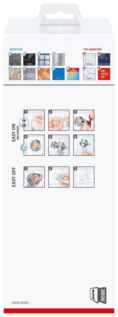 Achterkant van de verpakking van de tesa Exxcellent wc-borstelhouder met instructies voor het bevestigen en verwijderen op verschillende oppervlakken.