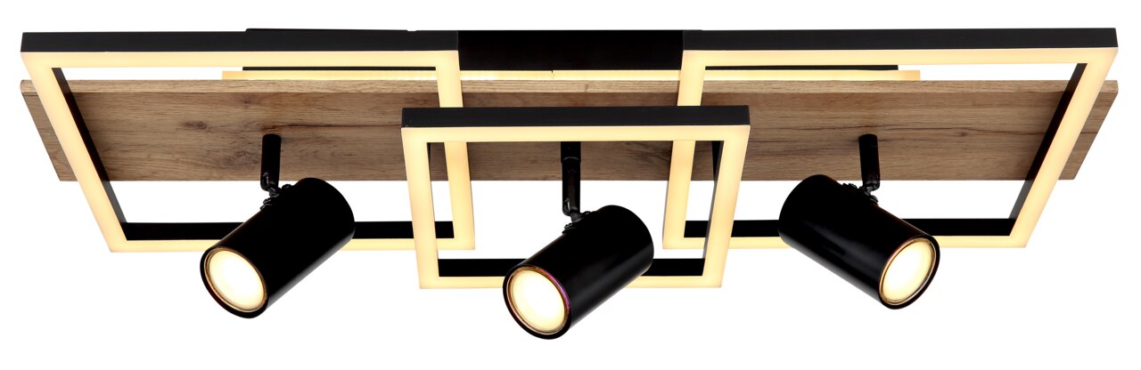 Moderne Deckenleuchte mit rechteckigem Holz- und Metallrahmen, ausgestattet mit drei verstellbaren schwarzen Strahlern, Perspektive von unten.