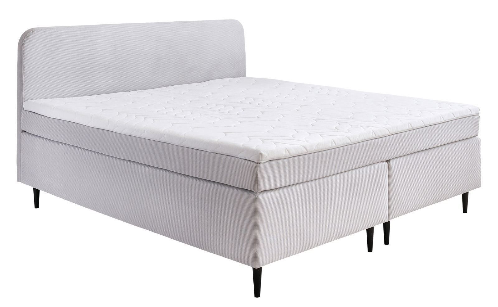 Boxspringbett in seitlicher Perspektive mit hellgrauem Stoffbezug und schwarzem Füßen