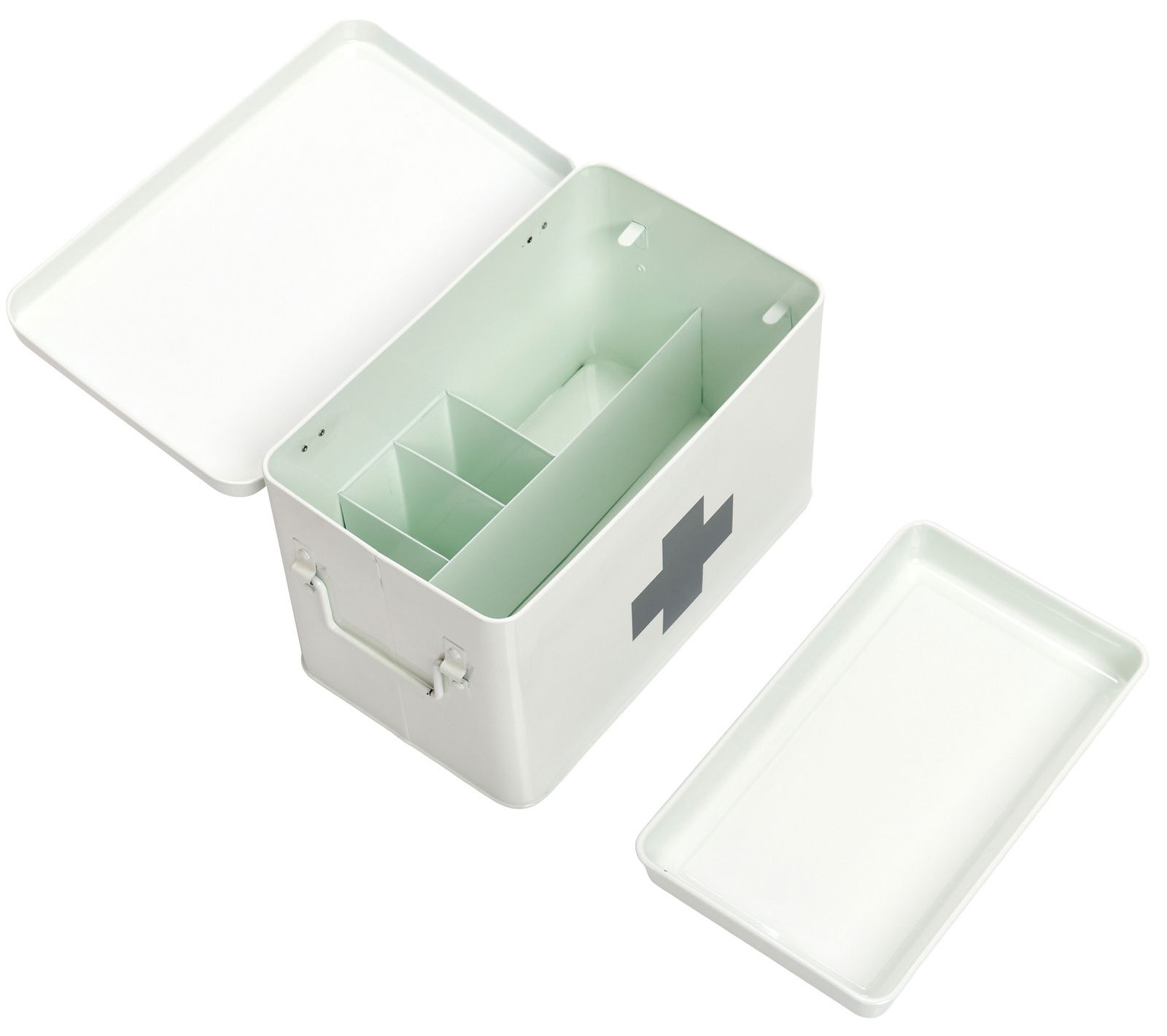 Offene weiße Metall-Medizinbox mit Fächern, von oben betrachtet