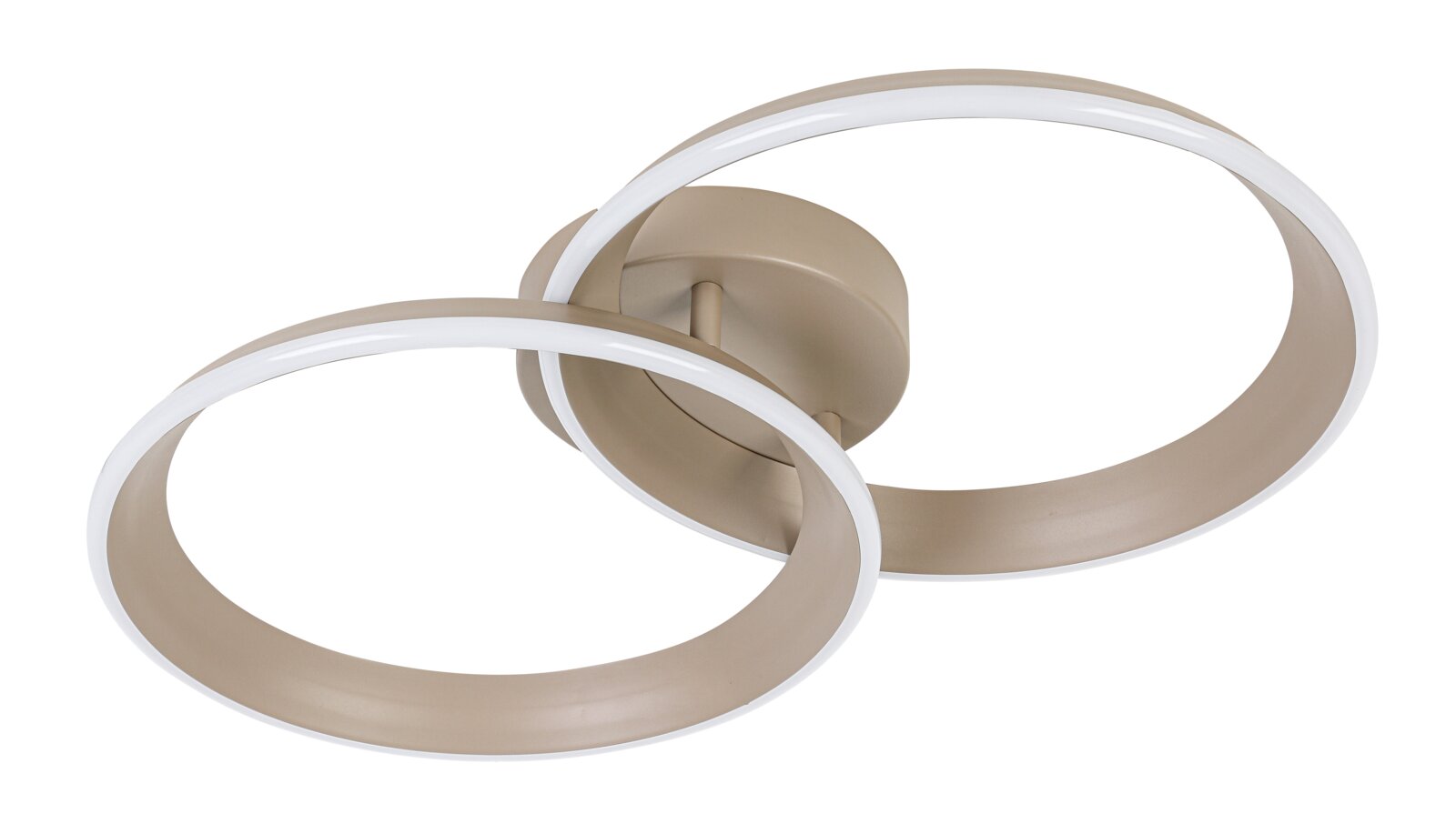 Moderne led-plafondlamp met twee elkaar overlappende ringen, gezien vanuit de zijkant.