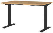 Elektrisch höhenverstellbarer Schreibtisch mit Holzplatte und schwarzen Metallbeinen, seitliche Perspektive