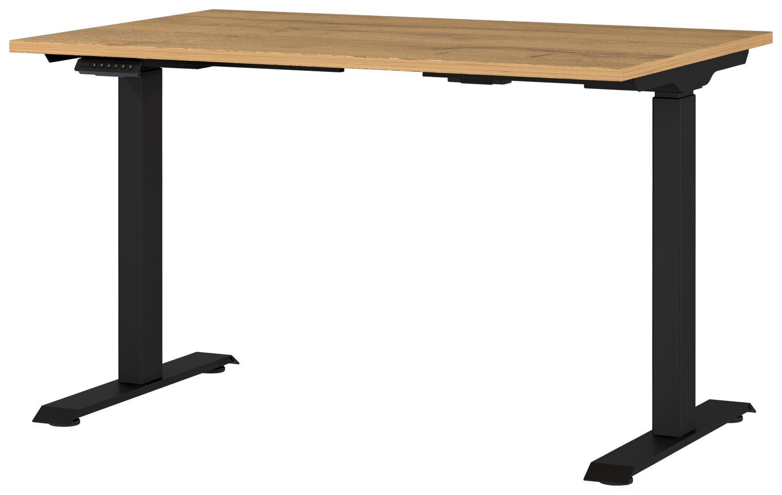 Elektrisch höhenverstellbarer Schreibtisch mit Holzplatte und schwarzen Metallbeinen, seitliche Perspektive