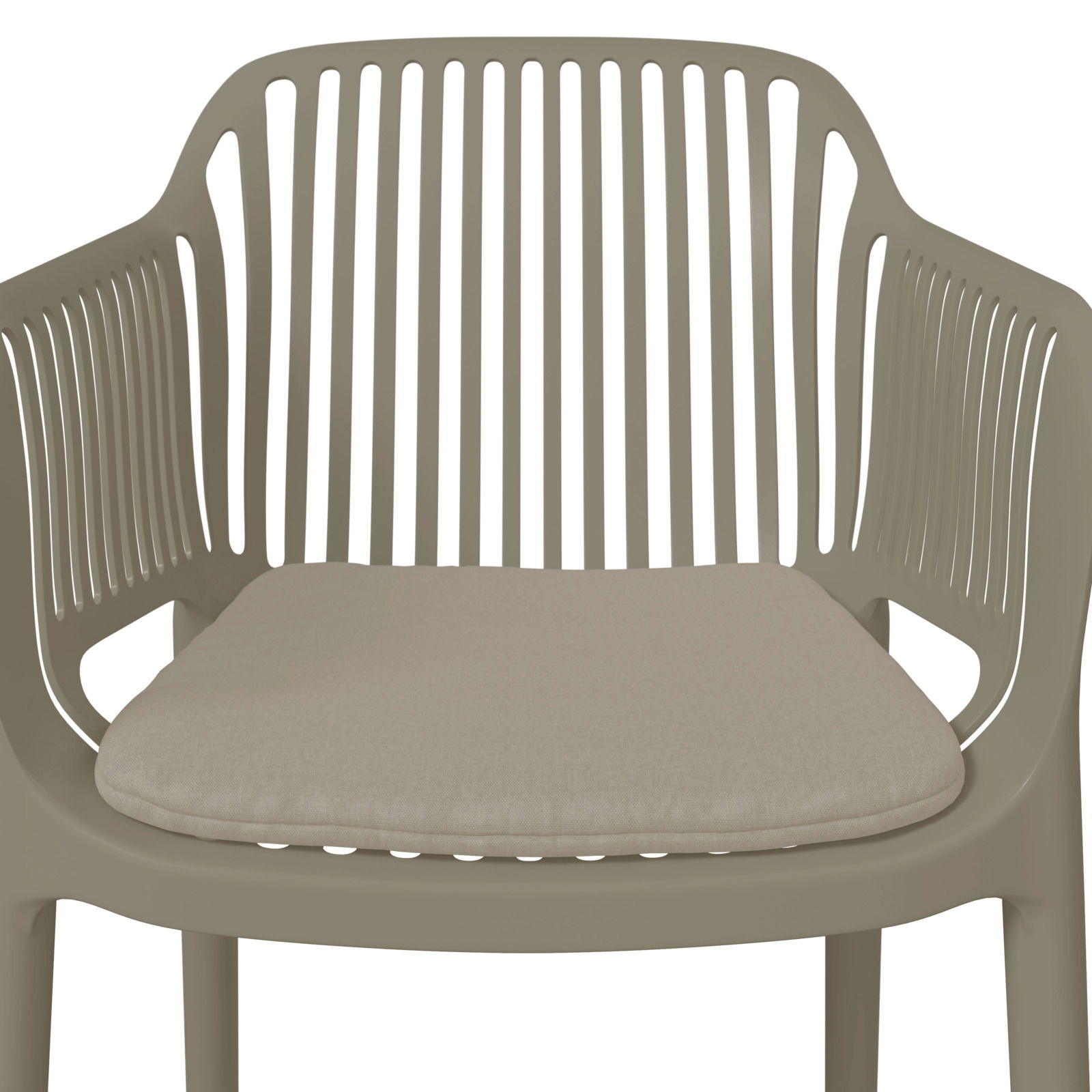 Vorderansicht eines modernen Stapelsessels mit Armlehnen und Sitzkissen in neutralem Farbton.