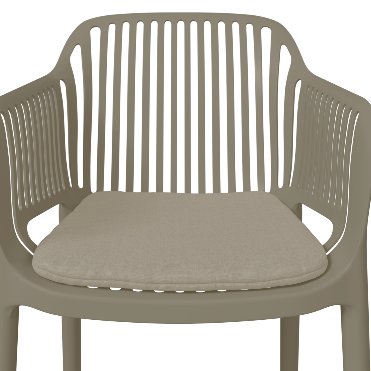 Vorderansicht eines modernen Stapelsessels mit Armlehnen und Sitzkissen in neutralem Farbton.