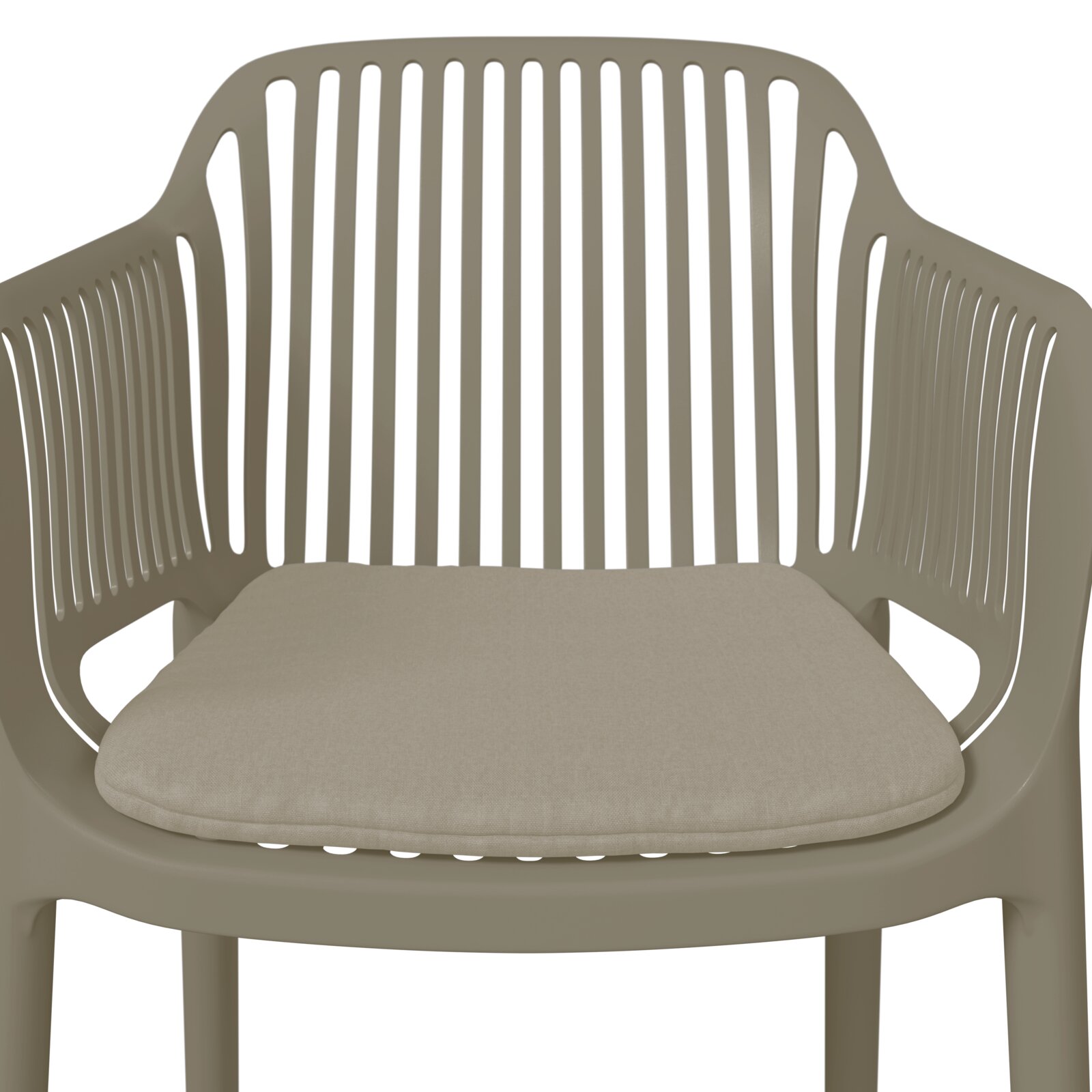 Vorderansicht eines modernen Stapelsessels mit Armlehnen und Sitzkissen in neutralem Farbton.