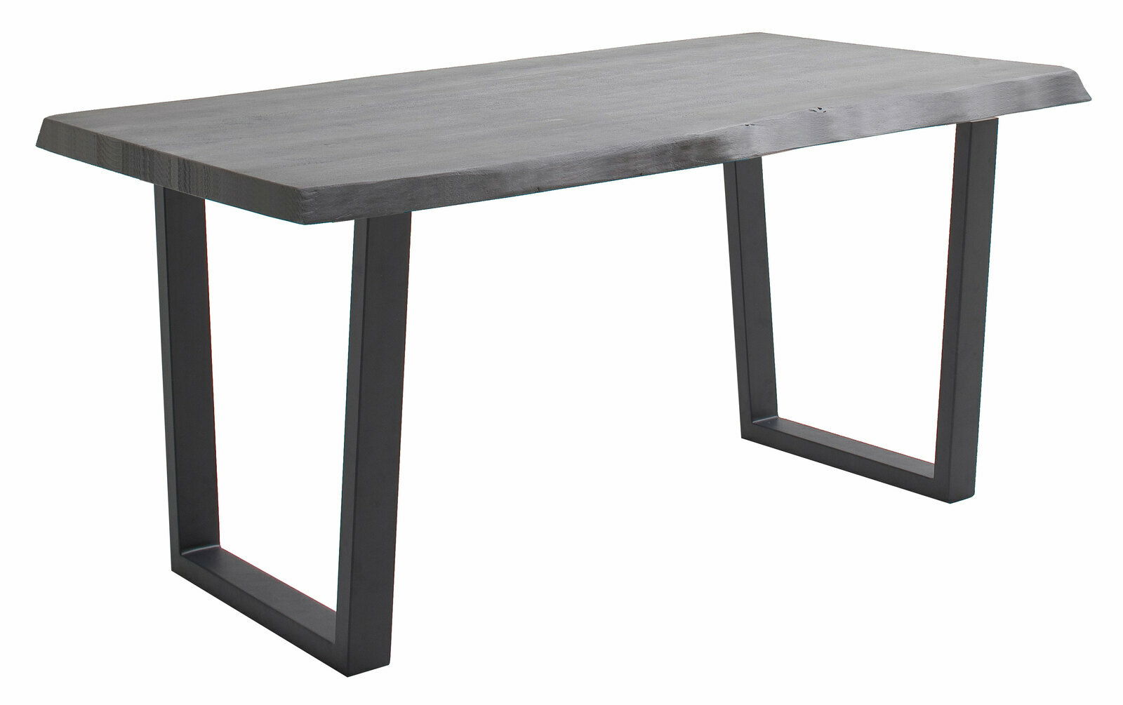 Moderner Esstisch mit dunkler Holzplatte und schwarzen Metallbeinen, seitliche Perspektive