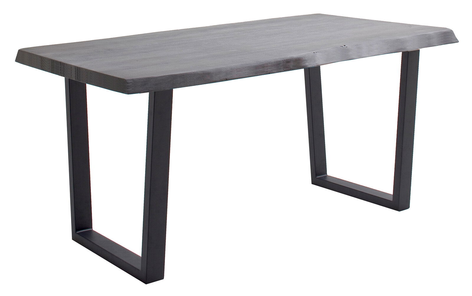 Moderner Esstisch mit dunkler Holzplatte und schwarzen Metallbeinen, seitliche Perspektive