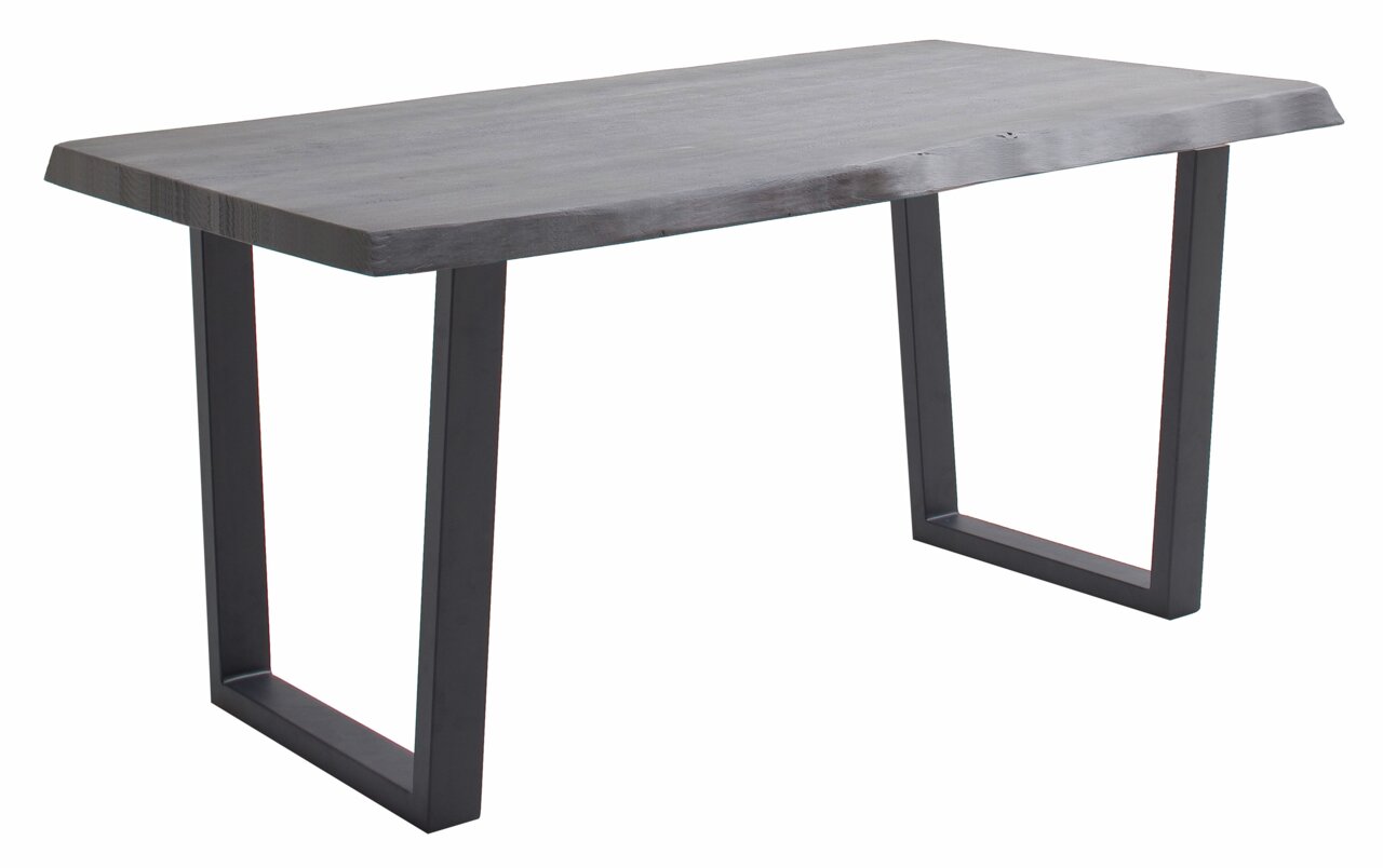 Moderner Esstisch mit dunkler Holzplatte und schwarzen Metallbeinen, seitliche Perspektive