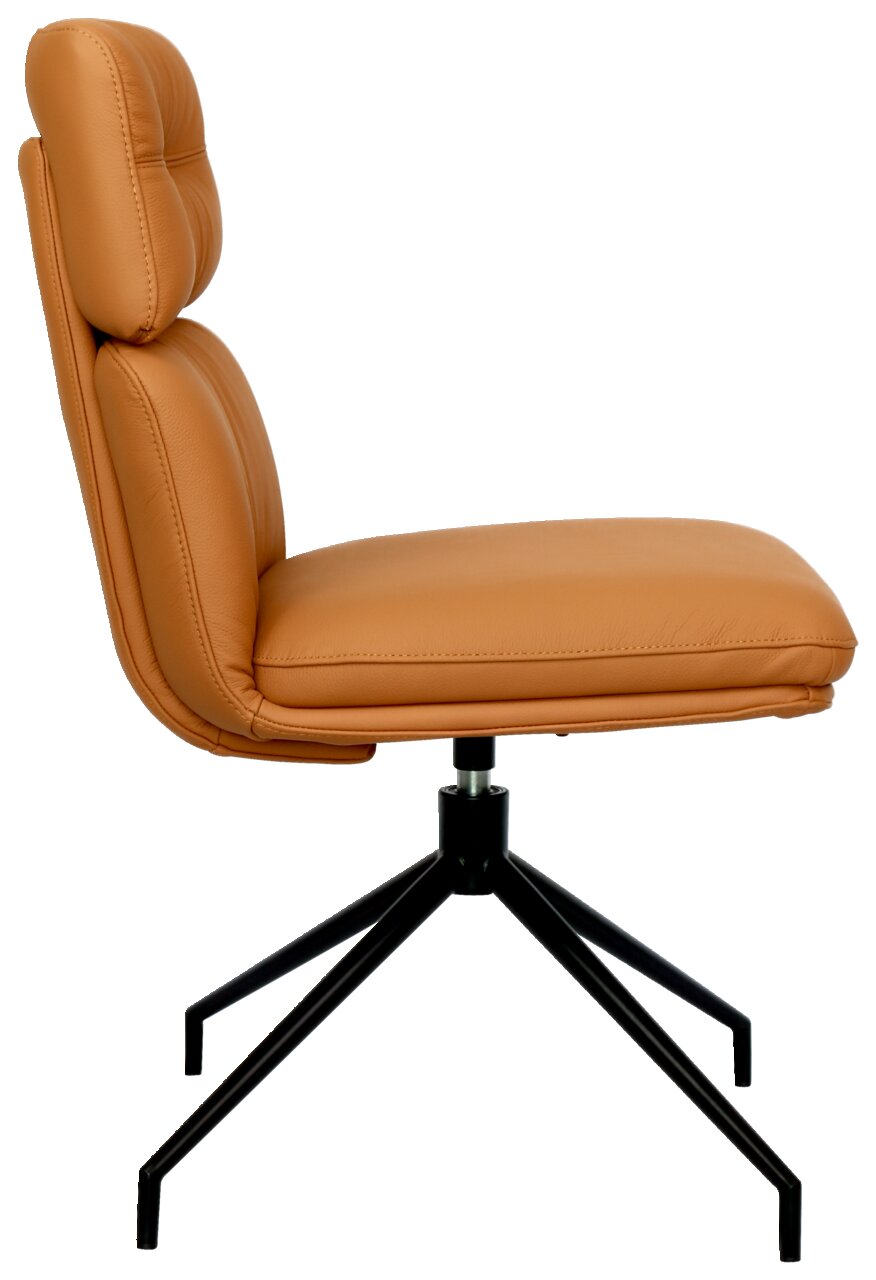 Moderne stoel van bruin leer met een zwart metalen frame, zijaanzicht