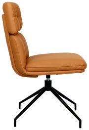 Moderne stoel van bruin leer met een zwart metalen frame, zijaanzicht