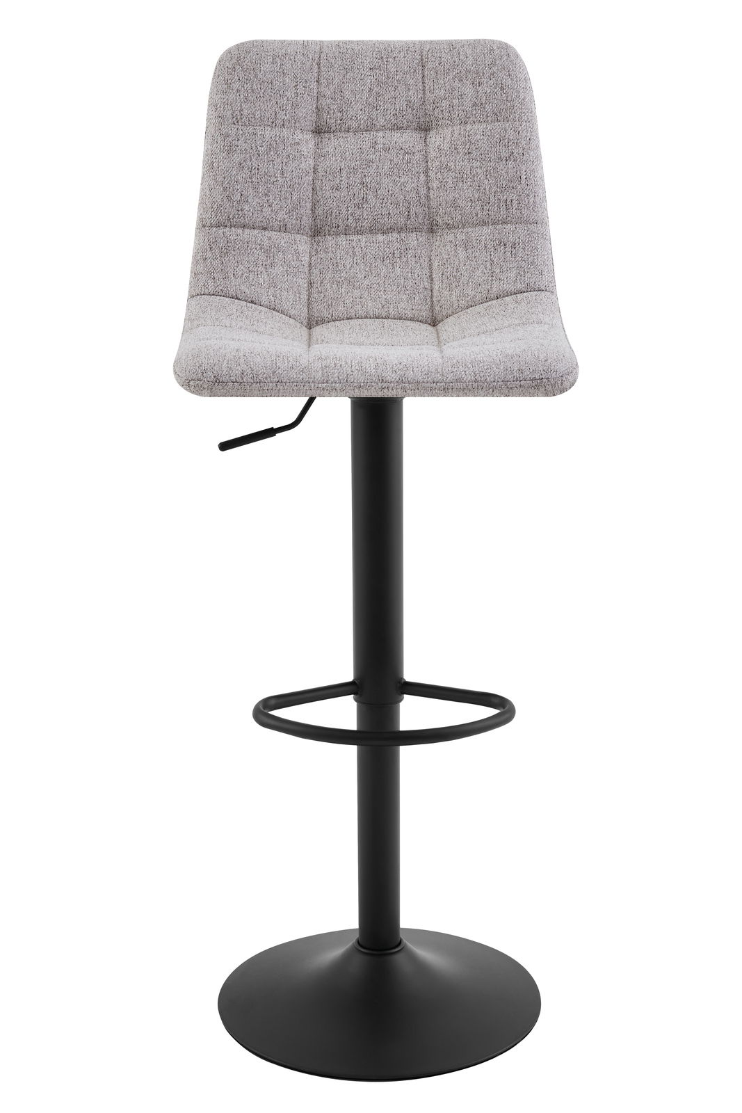 Moderner Barhocker mit grauem, gepolstertem Sitz und schwarzem Metallgestell, Frontalansicht