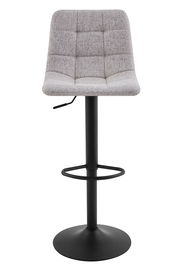 Moderner Barhocker mit grauem, gepolstertem Sitz und schwarzem Metallgestell, Frontalansicht