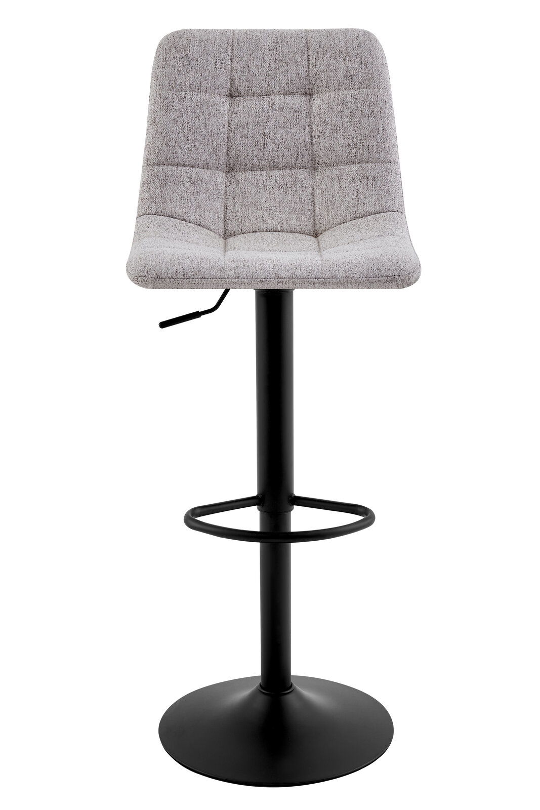 Moderner Barhocker mit grauem, gepolstertem Sitz und schwarzem Metallgestell, Frontalansicht