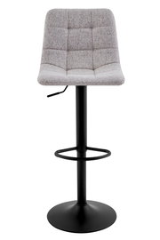 Moderner Barhocker mit grauem, gepolstertem Sitz und schwarzem Metallgestell, Frontalansicht