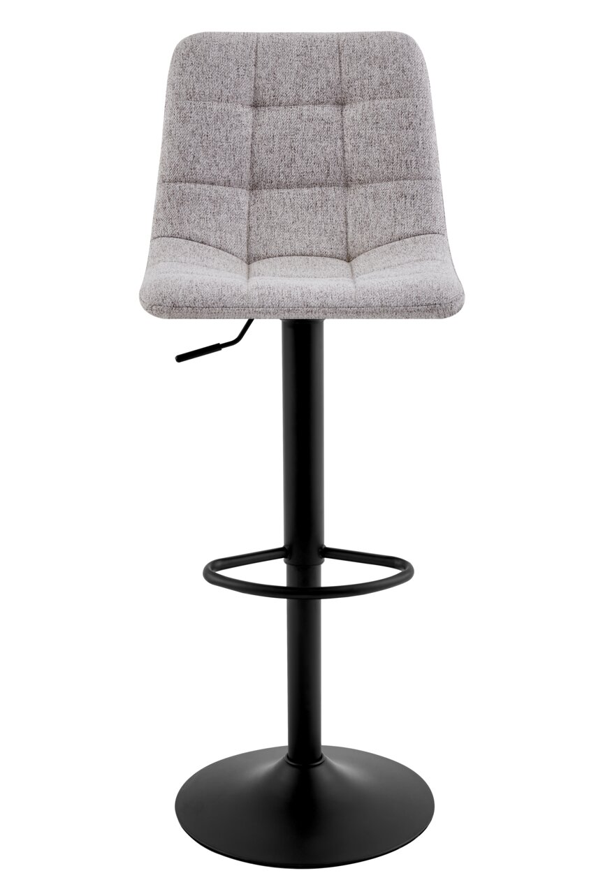 Moderner Barhocker mit grauem, gepolstertem Sitz und schwarzem Metallgestell, Frontalansicht