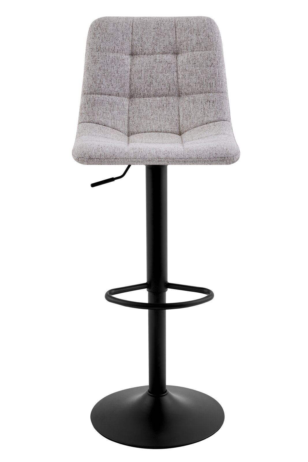 Moderner Barhocker mit grauem, gepolstertem Sitz und schwarzem Metallgestell, Frontalansicht