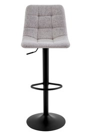 Moderner Barhocker mit grauem, gepolstertem Sitz und schwarzem Metallgestell, Frontalansicht