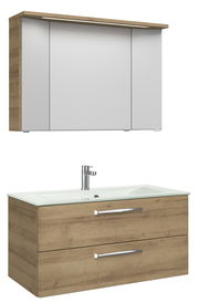 Moderner Badblock mit Holzoptik und Spiegelschrank, Frontalansicht