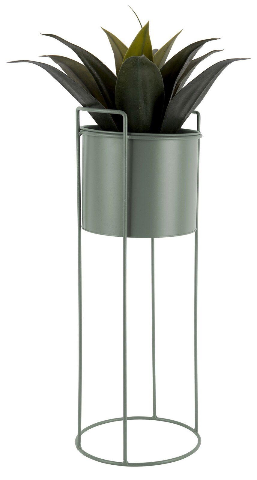 Pflanzgefäß in einem modernen, hohen Metallständer mit grüner Pflanze, seitliche Perspektive